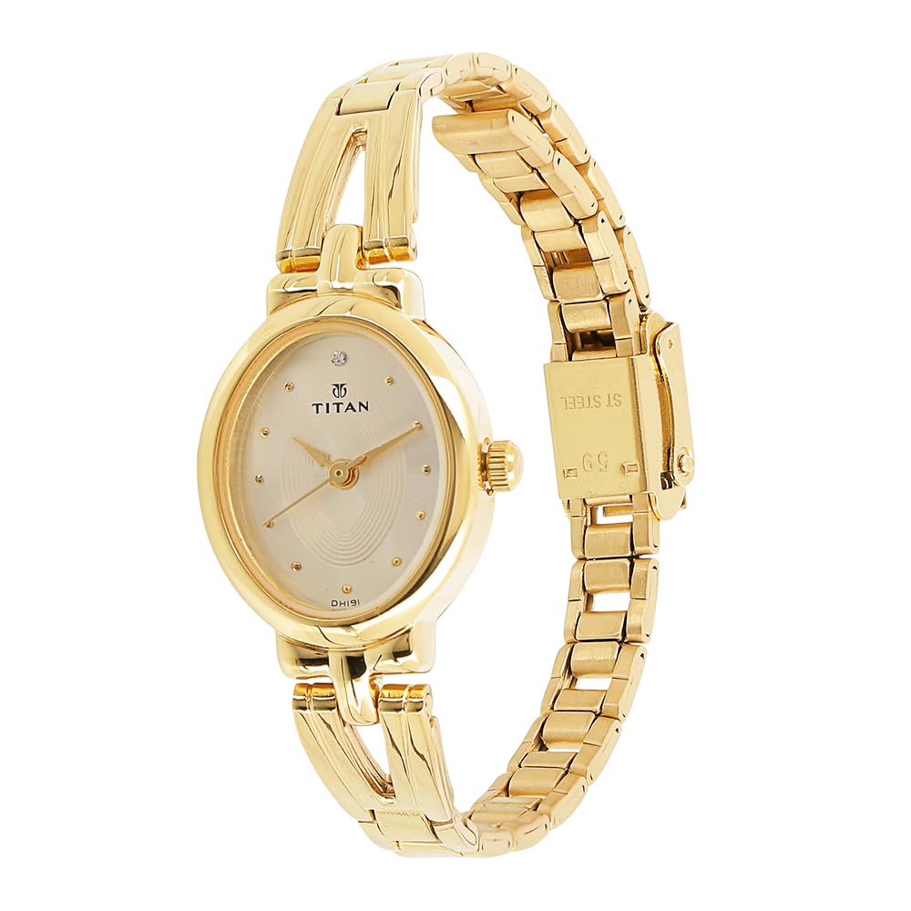 Titan Quartz Analog Champagne Dial Stainless Steel Strap Watch for Women-NM2594YM01