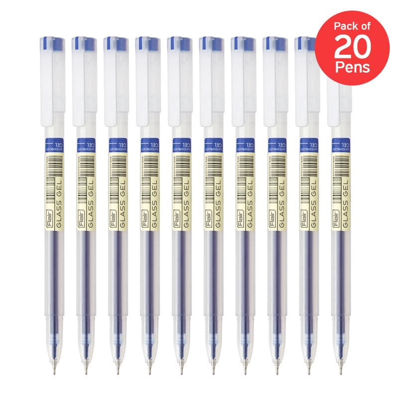 FLAIR Glass Gel Pen Wallet Pack | Tip Size 0.6 mm | Water Proof Ink For Smooth Flow System | Low-Viscosity Ink For Smudge Free Writing | Blue Ink, Pack Of 20