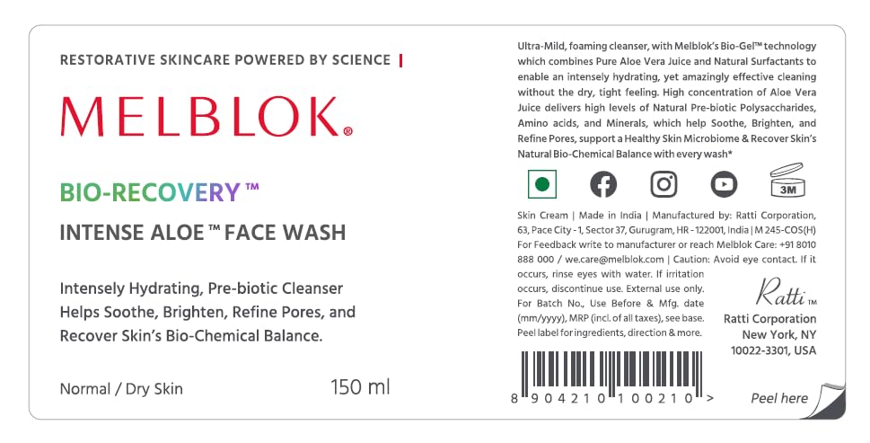 Melblok Bio-Recovery Intense Aloe™ Face Wash 150 ml | For Normal, Dry & Sensitive Skin| Hydrating, Non-Drying Prebiotic Face Cleanser with Niacinamide & Panthenol