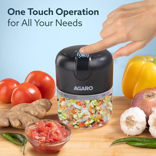 AGARO Elite Rechargeable Mini Electric Chopper, Food Grade Bowl, Stainless Steel Blades, One Touch Operation, for Mincing Garlic, Ginger, Onion, Vegetable, Meat, Nuts, 250 Ml, Black