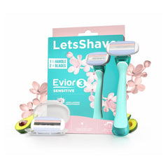 Letsshave Evior 3 Sensitive Shaving Razor for Women | 1 Handle + 2 Blades | Dual Moisture Bar with AloeVera, Vitamin E, Argan & Avocado Oils | 3 Months of Smooth Shaving