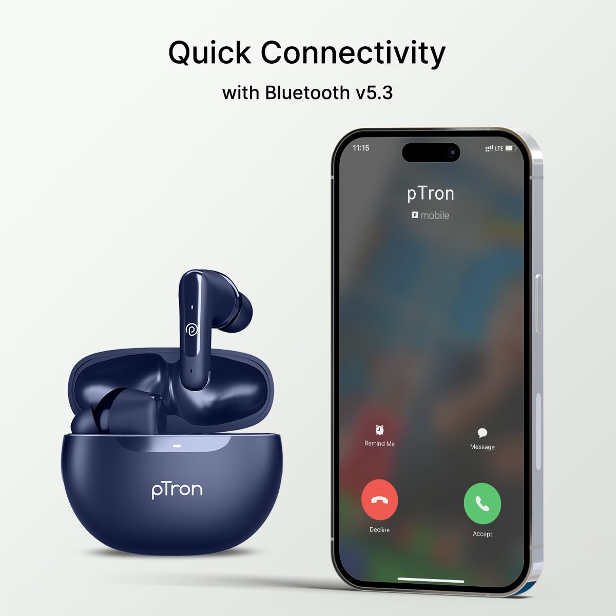 pTron Bassbuds Astra in-Ear TWS Earbuds w/Stereo Sound, 50Hrs Playtime, Stereo Calls, Custom EQ, Mobile App, BTv5.3 Headphones, Touch Control, Voice Assistant, Type C Charging & IPX4 (Navy Blue)