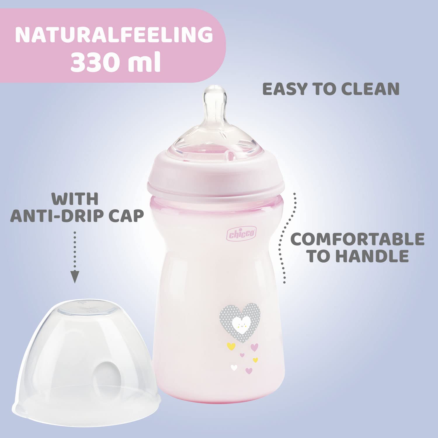 Chicco Natural Feeling 330ml Baby Milk Feeding Bottle with Wide Neck, Anti-Colic for Easy Milk Flow, for Babies & Toddlers 6m+ (Pink)
