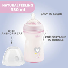 Chicco Natural Feeling 330ml Baby Milk Feeding Bottle with Wide Neck, Anti-Colic for Easy Milk Flow, for Babies & Toddlers 6m+ (Pink)