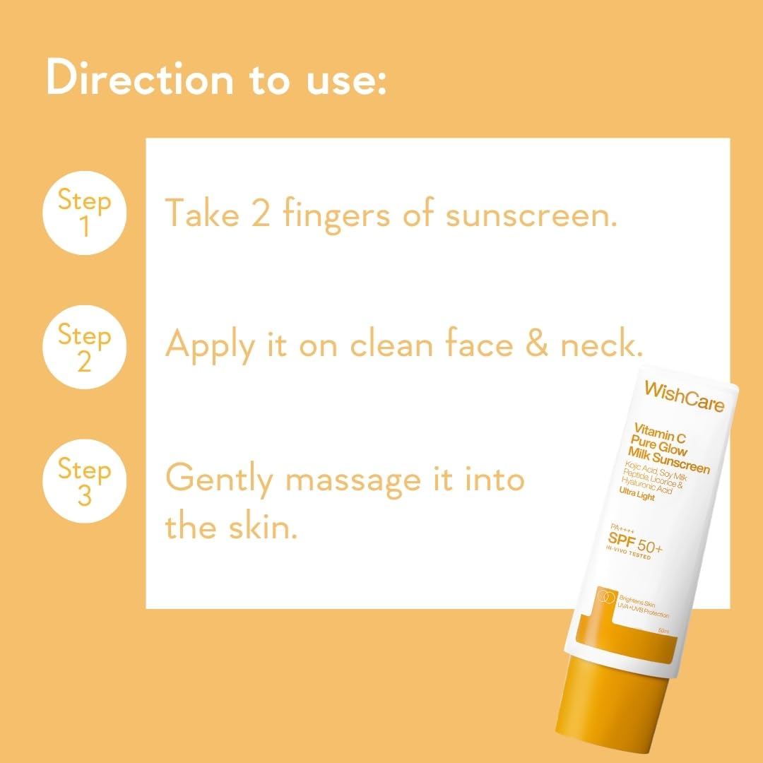 WishCare Vitamin C Pure Glow Milk Sunscreen with SPF 50 PA++++ In-Vivo Tested | Glowing Skin with Broad Spectrum Protection | Ultra Lightweight, Oil Free & No White Cast | For All Skin Types | 50ml
