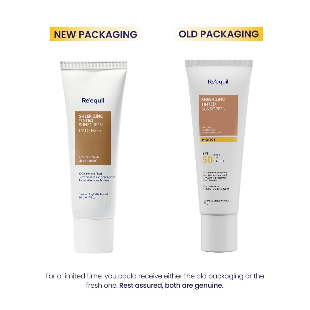Re'equil Sheer Zinc Tinted Sunscreen | 100% Mineral-based Sunscreen | UVA, UBV, & IR Protection | Water Resistant with SPF 50 PA++++ | For All Skin Types | 50g