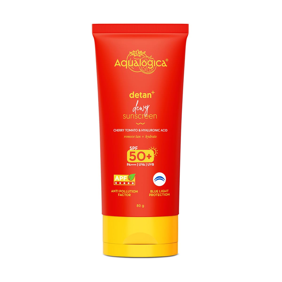 Aqualogica Detan+ Dewy Sunscreen SPF 50+ PA++++ with Cherry Tomato & HA - 80 g | Broad Spectrum SPF 50+ PA++++ | UVA/B & Blue Light Protection | Anti-Pollution Factor Technology | Removes Tanning