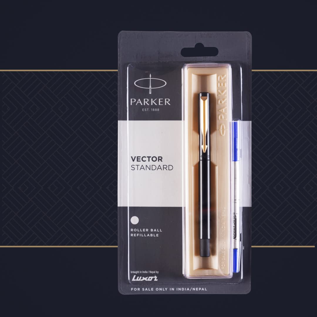 Parker Vector Standard Gold Trim Roller Ball Pen | Ink Color - Blue | Black Body Color | Ergonomic Design | Built for Long Writing Sessions