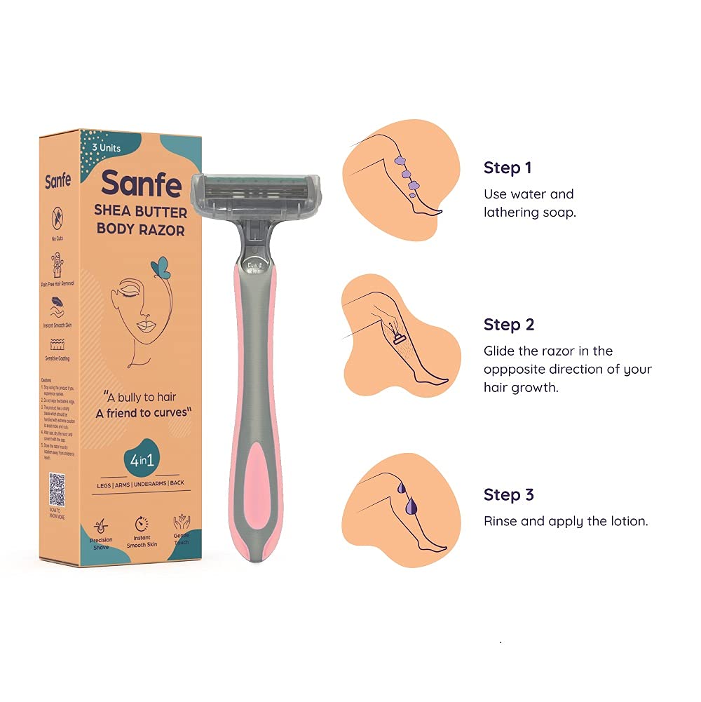 Sanfe Shea Butter Body Razor for Women's Hair Removal-Pack of 3 with New No Cut & Bumps Tech | Safe Titanium Blades | Comfort Grip | Safe For Bikini Area | Instant Pain-Free Hair Removal