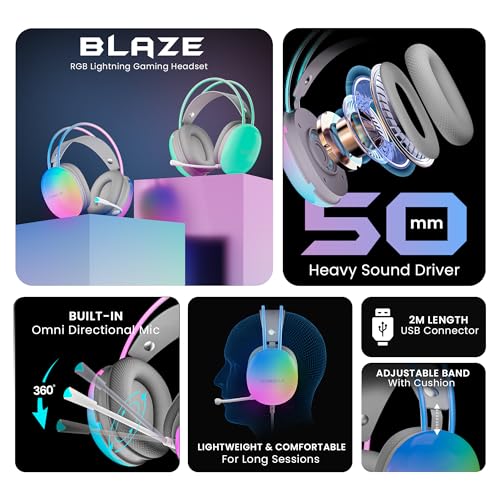 HAMMER Blaze Wired Over Ear Gaming Headphones with Mic, 50mm Drivers, Full RGB Lights, Gaming Headset with Adjustable Bands, Breathable earcushion, 1.5Mtr Wire with USB (Cyan)