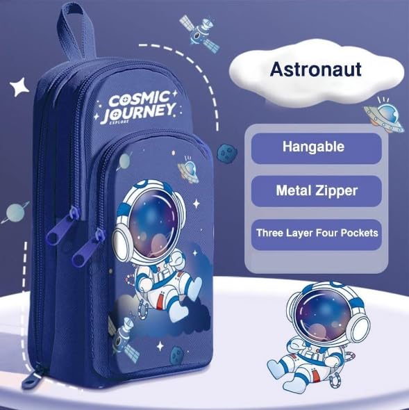 Kiddie Galaxia Canvas Space Astronaut Pencil Case 6 Layer With 3 Compartment Cute Aesthetic Pencil Case For Boys & Girls Large Capacity Pencil Pouch For School Kids Cute Stationary Gift, Blue