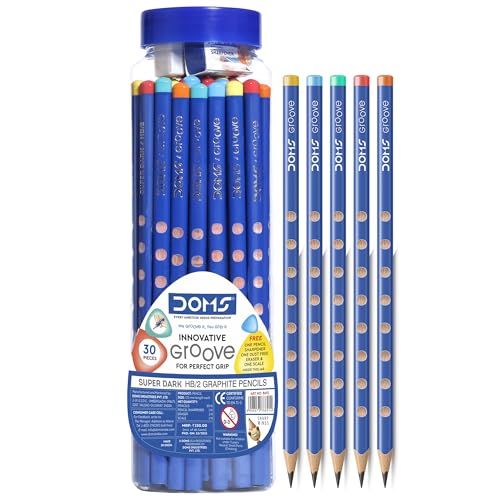 Doms Groove Super Dark HB/2 Graphite Pencils Jar Pack | Innovative Groove For Perfect Grip | Free Pencil, Eraser, Sharpner & Scale | Ideal For Sketching & Drawing | Pack of 30 Pencils
