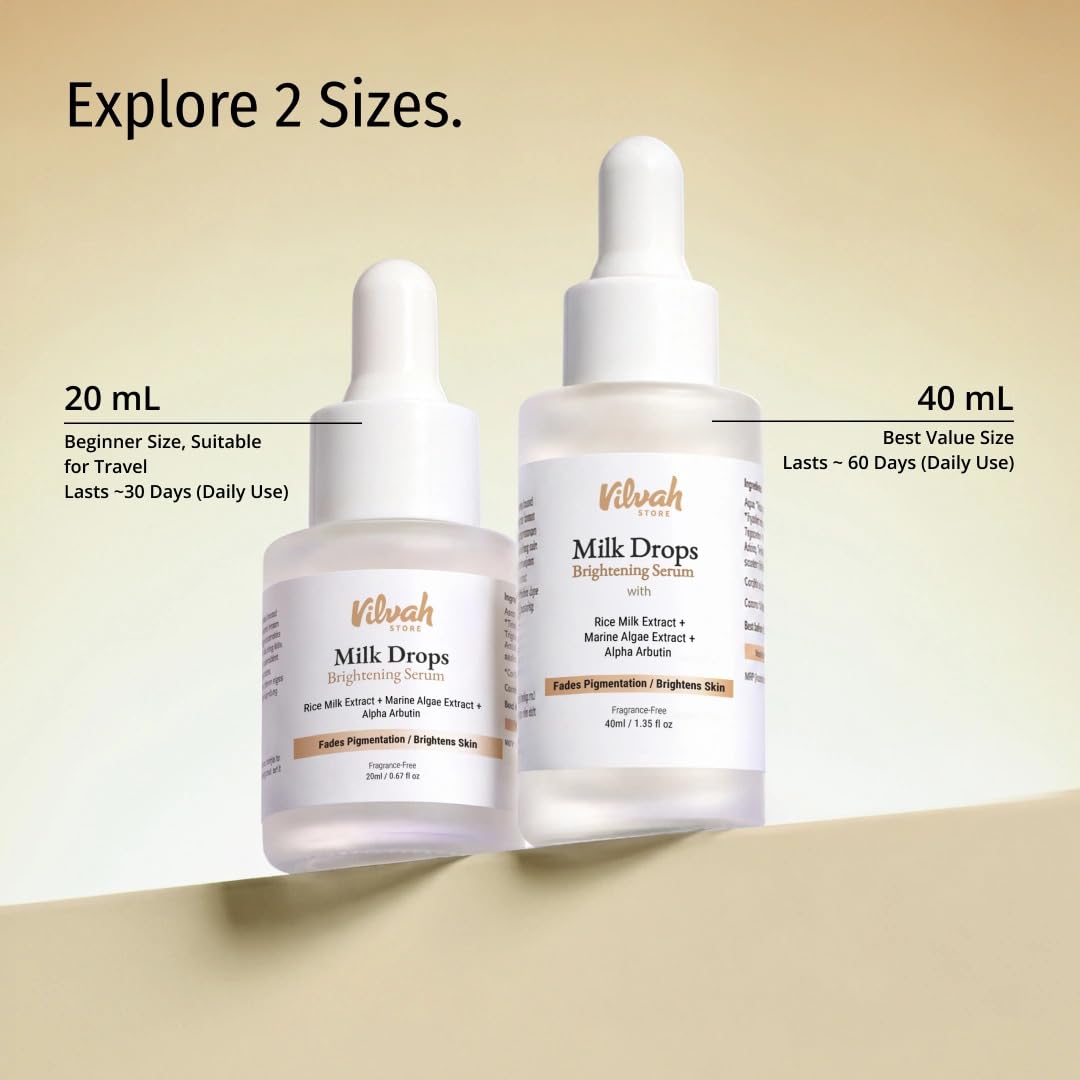Vilvah Milk Drops Brightening Serum | Fades Dark Spots, Treats Hyperpigmentation & Evens Skin Tone | Hyaluronic Acid & Alpha Arbutin Serum for Women & Men | Suitable for All Skin Types | 20ml