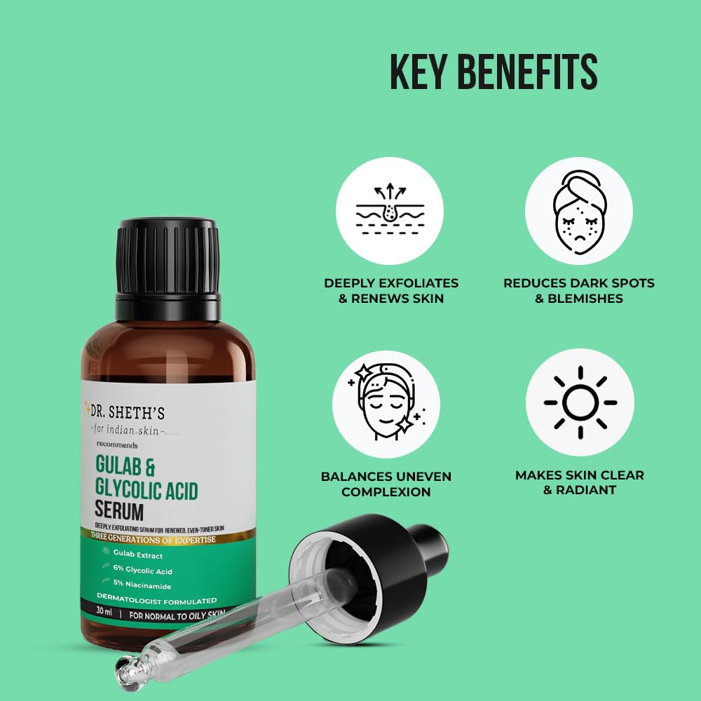 Dr. Sheth's Gulab & 6% Glycolic Acid & 5% Niacinamide Instant Brightening Face Serum | Improves Skin Texture & Uneven Skin | Normal to Oily Skin | Sensitive Skin | 30ml