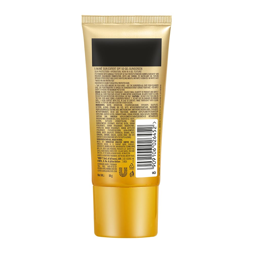 Lakmē Water Light Gel in-Vivo Tested SPF 50 PA++++ Sunscreen with Niacinamide for Oily Skin 50g