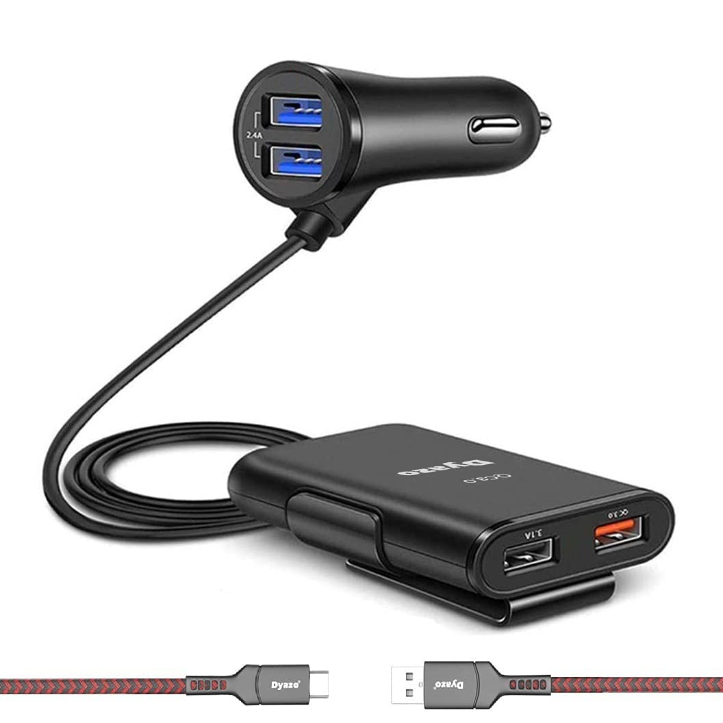 Dyazo QC 12V Fast Car Charger Back Seat Charging 4 USB Ports Compatible for Qualcomm 3.0, Samsung Galaxy, Note, iPhone, Nexus, Vivo, Oppo,Pixel, Mi & Other Mobile Phones with Free Type C Cable - Wireless Accessory from Dyazo - Shop in Sri Lanka at Arcade.lk