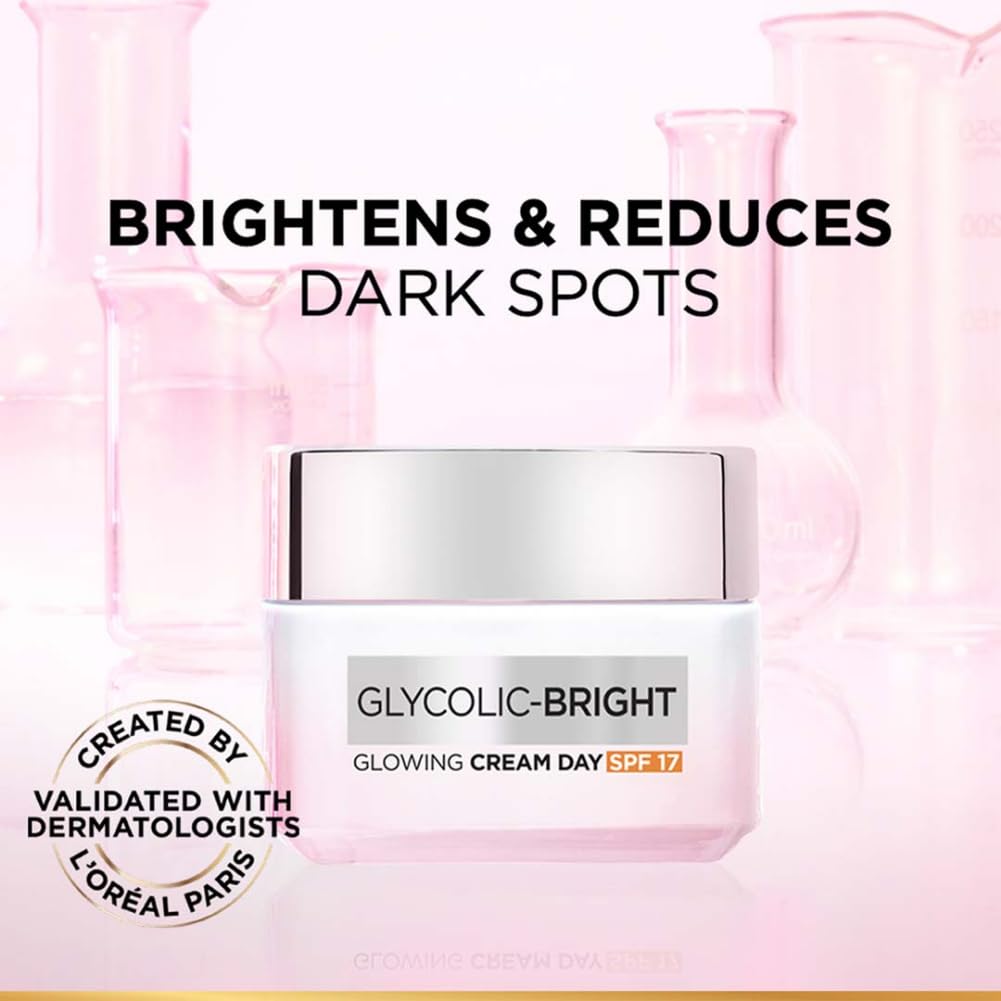 L'Oreal Paris Glycolic Bright Glowing Day Cream, Overnight Brightening Cream, Glycolic Acid in Gel-Like Cream Texture, that Visbily Minimizes Spots & Reveals Glowing skin, 15ml