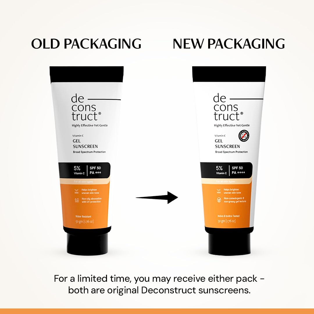 Deconstruct 5% Vitamin C Gel Sunscreen for Oily Skin SPF 50 PA++++ | Brightens Skin Tone | New Gen UV Filters | Lightweight & Non-greasy | In vivo tested | For Men & Women - 50g