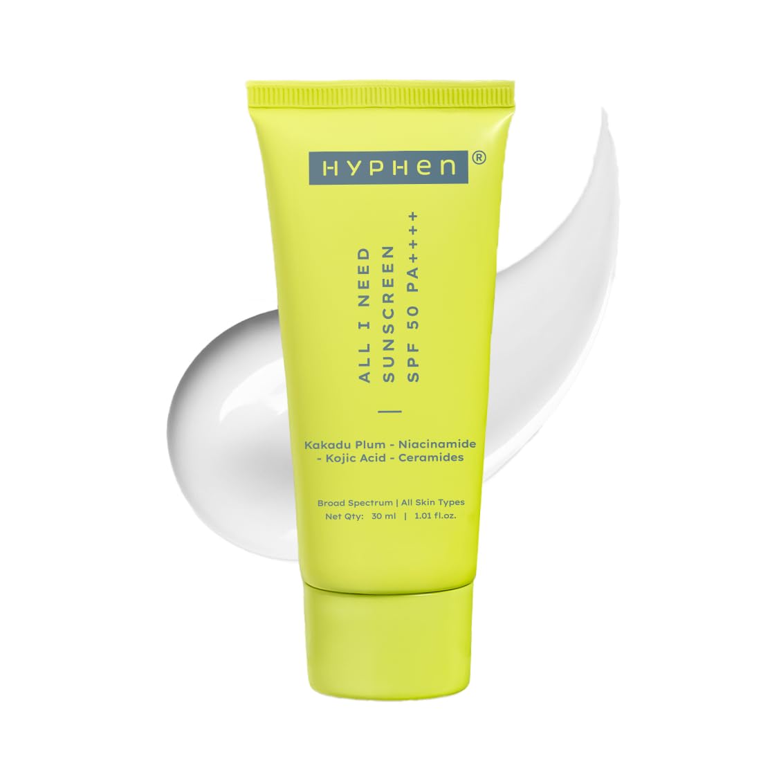 Hyphen All I Need Sunscreen SPF50 PA++++ | Brightens with Niacinamide, Kojic Acid, Vit C Rich Kakadu Plum | Hydrating Winter Sunscreen Moisturizer | 30ml