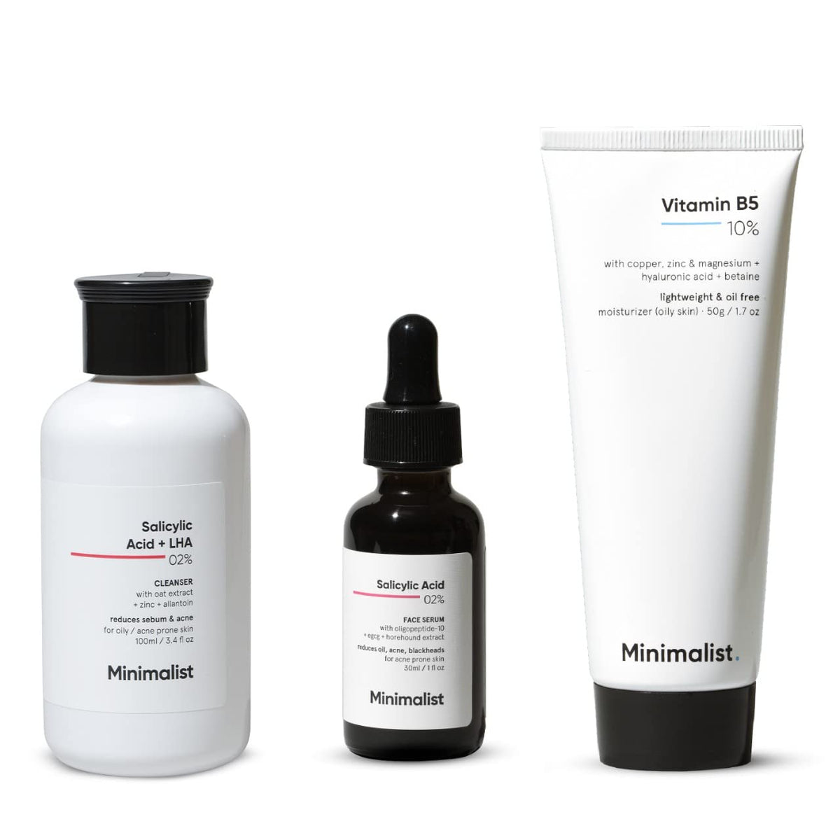 Minimalist Anti-Acne Kit, Skincare Routine Kit for Unisex, Salicylic Acid Face Wash, Vitamin B5 Moisturizer, and Salicylic Acid Serum Combo