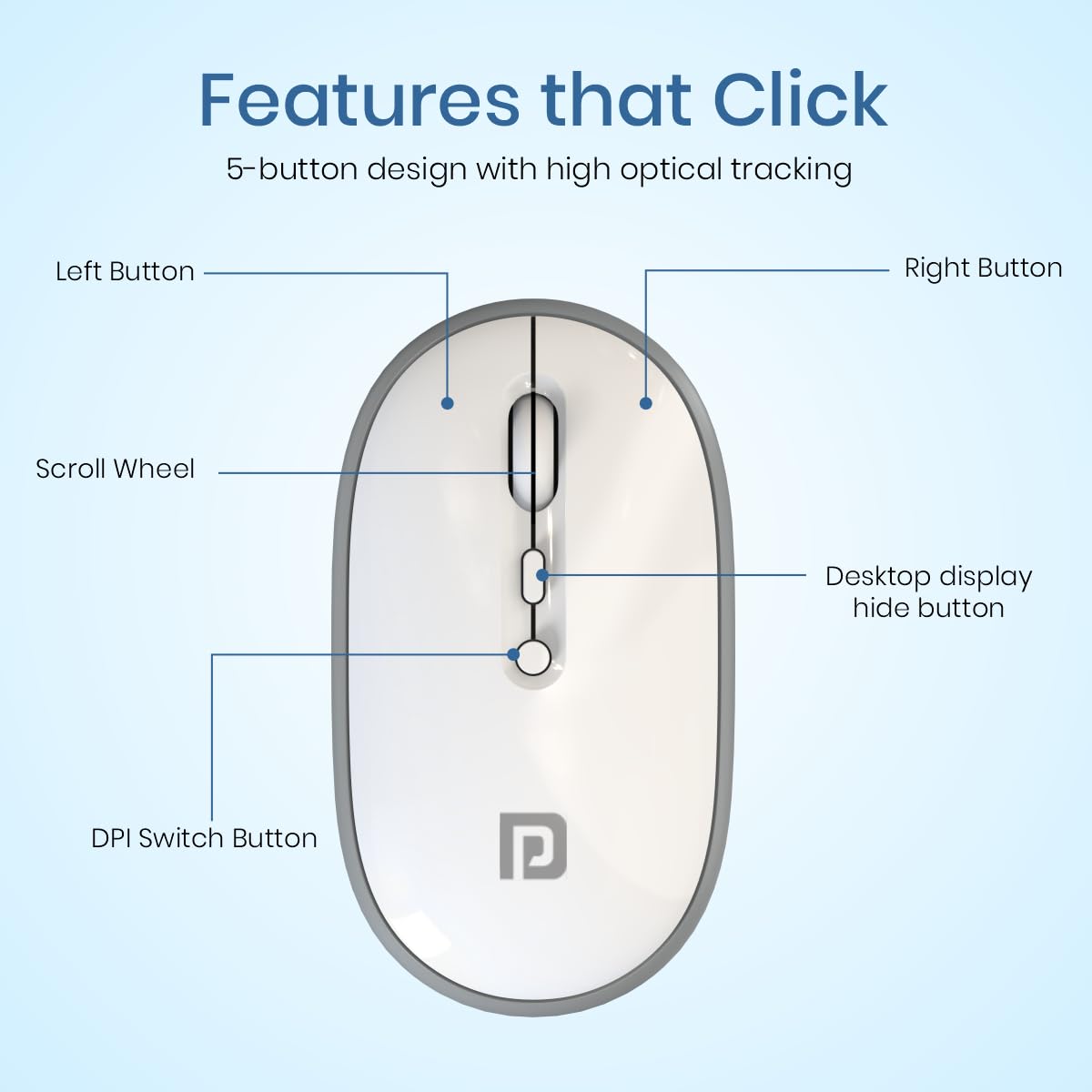 Portronics Toad II Bluetooth Mouse, with Bluetooth 5.0 & 2.4 Ghz Dual Wireless Connectivity, Rechargeable Battery, Adjustable DPI up to 1600 Compatible with Laptop, MacBook, PC (Grey)
