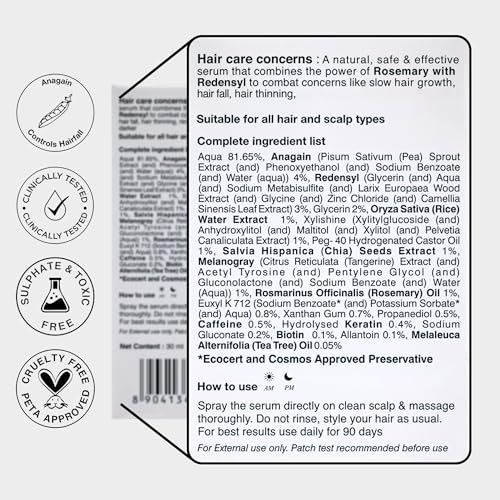 Soulflower Hair Growth Serum, Rosemary Oil, 3% Redensyl, 4% Anagain, Caffeine, Melanogray, Biotin, Rice Water, Clinically Tested, Hair growth & Hair fall control for Women & Men | 30ml