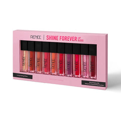 RENEE Shine Forever Lip Gloss, Non-Sticky & Non-Drying Nourishing Formula, Long-lasting, Smooth, Moisturizing Effect, Shea Butter & Vitamin E Infused, Travel Friendly, Perfect For Gifting, Set of 10