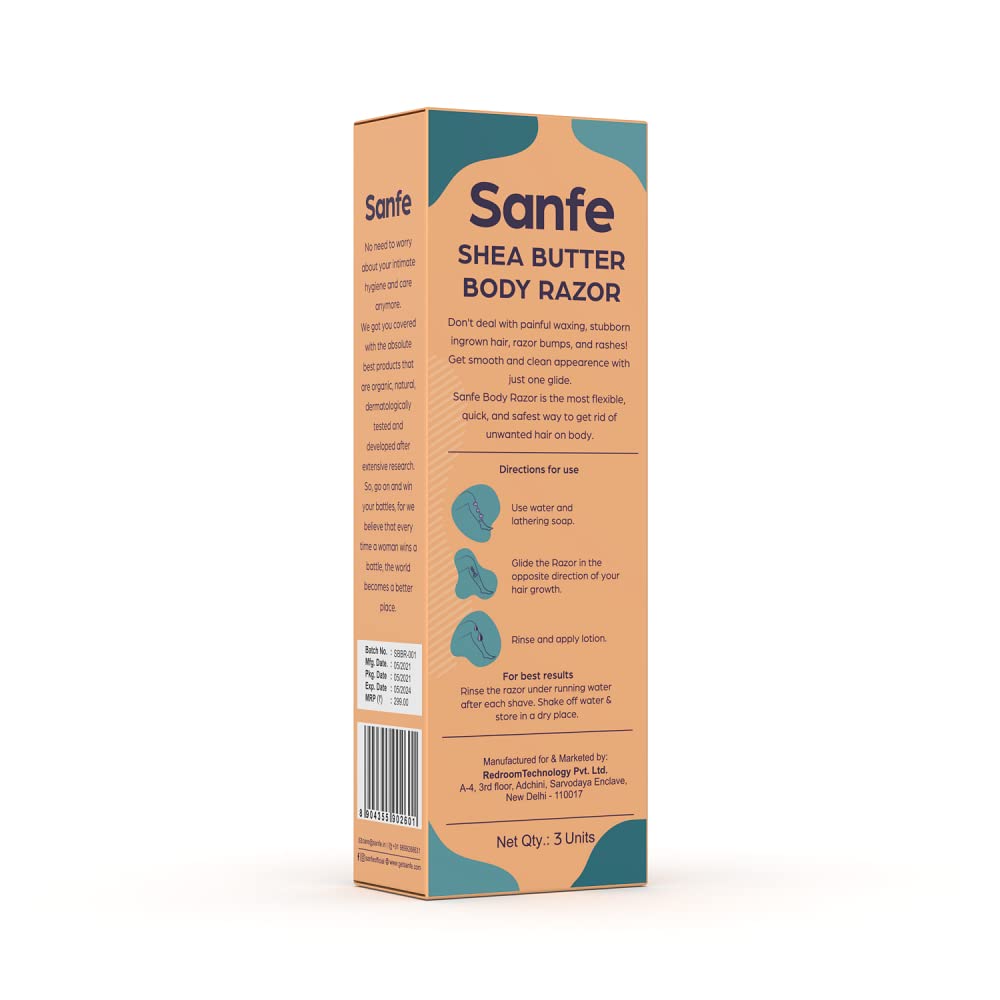 Sanfe Shea Butter Body Razor for Women's Hair Removal-Pack of 3 with New No Cut & Bumps Tech | Safe Titanium Blades | Comfort Grip | Safe For Bikini Area | Instant Pain-Free Hair Removal