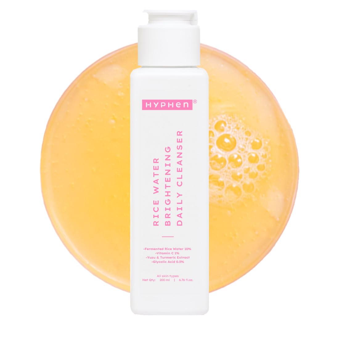 Hyphen 10% Rice Water Brightening Face Wash | With 1% Vitamin C, 0.5% Glycolic Acid & Yuzu Extract | Reduces Dark Spots & Pigmentation | For All Skin Types | Gentle Cleanser for Women & Men- 200 ml