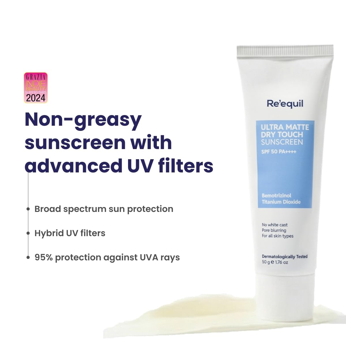 RE' EQUIL Ultra Matte Dry Touch Sunscreen | SPF 50 PA++++ | Water & Sweat Resistant | No White Cast, Non-Greasy & Non-Comedogenic | For All Skin Types | 50G