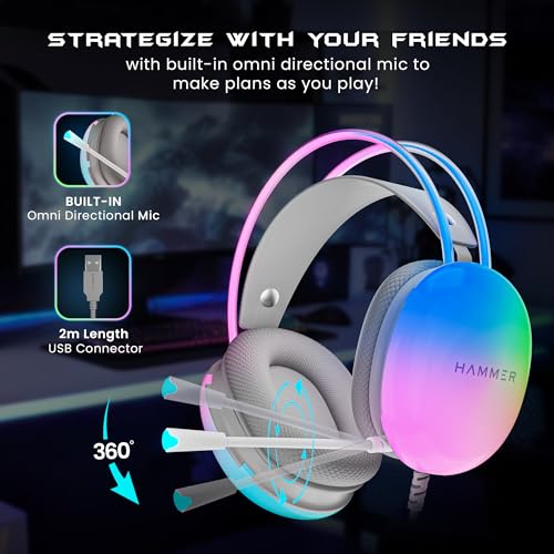 HAMMER Blaze Wired Over Ear Gaming Headphones with Mic, 50mm Drivers, Full RGB Lights, Gaming Headset with Adjustable Bands, Breathable earcushion, 1.5Mtr Wire with USB (Cyan)