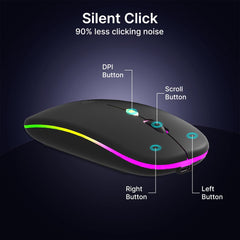 pTron Flick M1 Slim Wireless Mouse w/Rechargeable Battery, Dual Connectivity 2.4Ghz & BT, 4 Buttons, 1000/1200/1600 DPI, Vivid LED Lights, Silent Operation, Plug & Play, Type C Charging (Black)