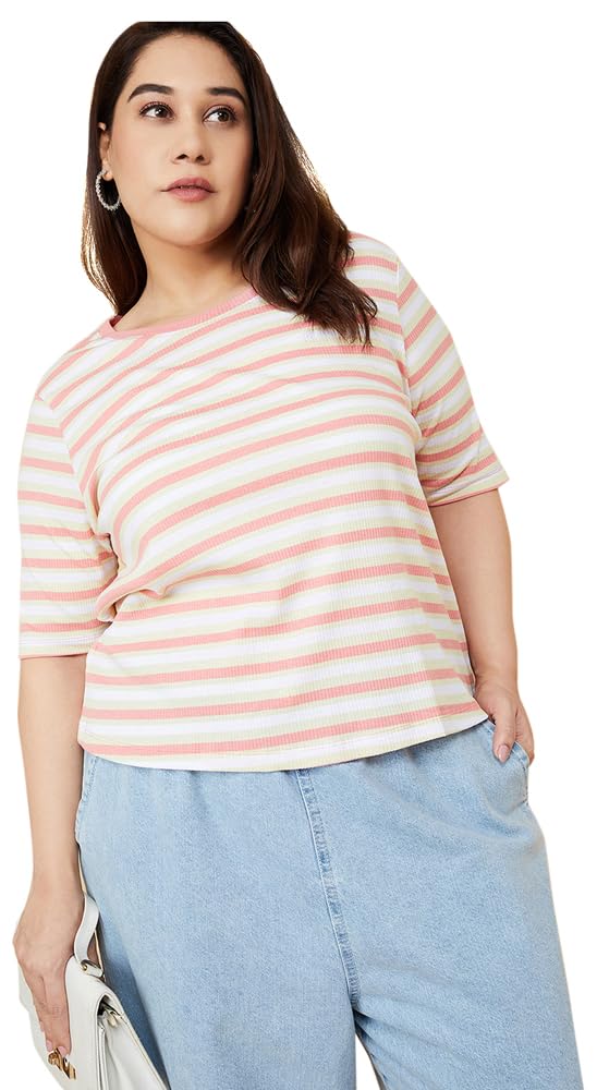 Max Women Striped Ribbed T-Shirt Regular Fit