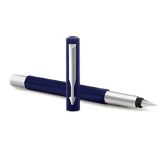 Parker Vector Standard Chrome Trim Calligraphy Fountain Pen | 7-Piece Set containts 2 Nibs, 2 Blue & 2 Black Ink Cartridges | Ideal for Creative Writing & Fine detailing