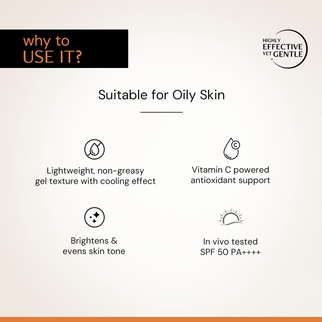 Deconstruct 5% Vitamin C Gel Sunscreen for Oily Skin SPF 50 PA++++ | Brightens Skin Tone | New Gen UV Filters | Lightweight & Non-greasy | In vivo tested | For Men & Women - 50g