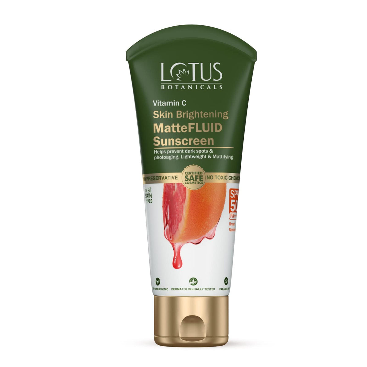 LOTUS BOTANICALS All Vitamin C Skin Brightening Mattefluid Sunscreen |Spf 50 | Pa+++ | 100X Vitamin C | Protects From Sun, Uv Rays | Brightens Skin | No White Cast | Water Resistant | No Preservatives