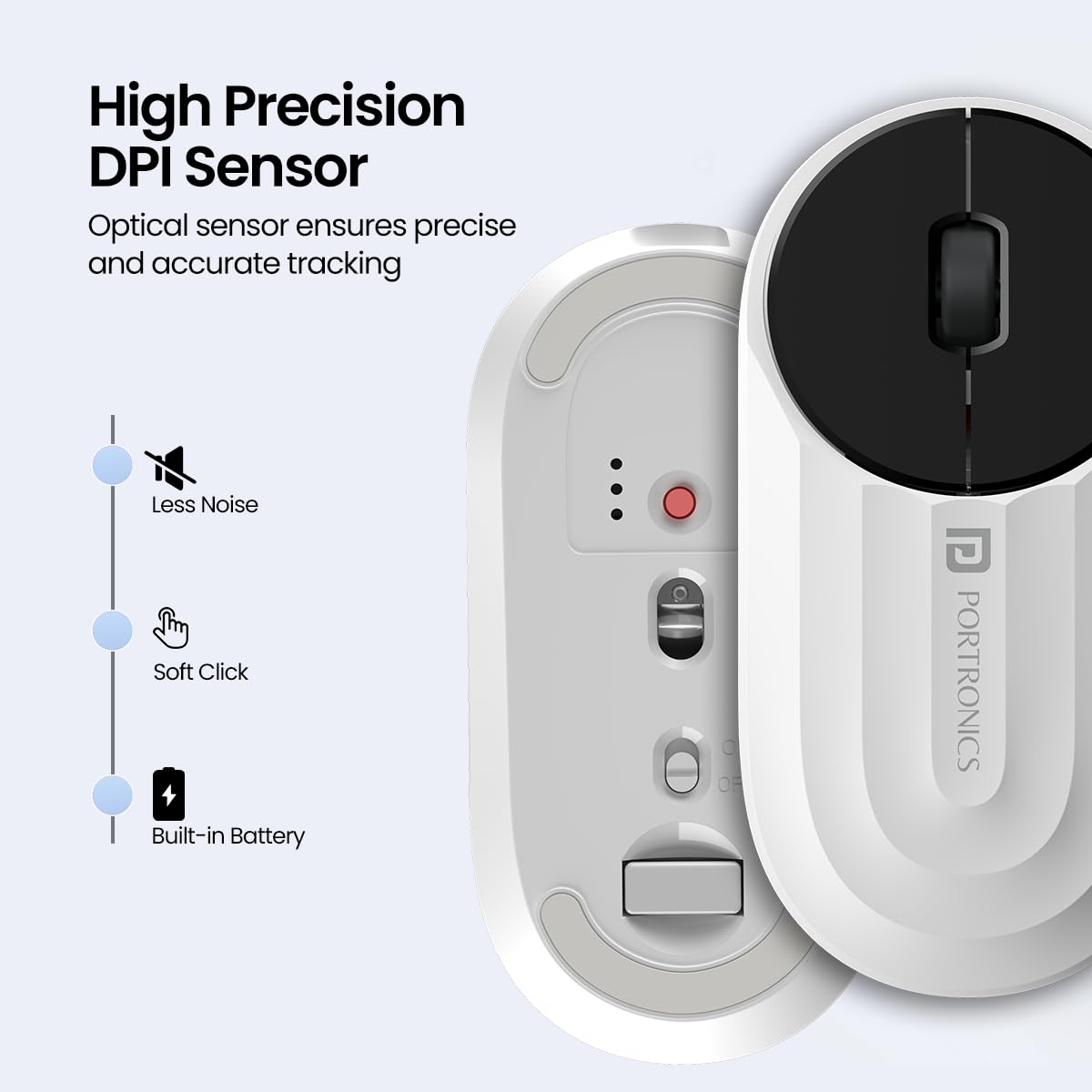 Portronics Toad 6 Bluetooth Wireless Mouse with 2.4 GHz USB Receiver, Multi-Device Pairing, Built in Battery, 1600 DPI Sensor(White)