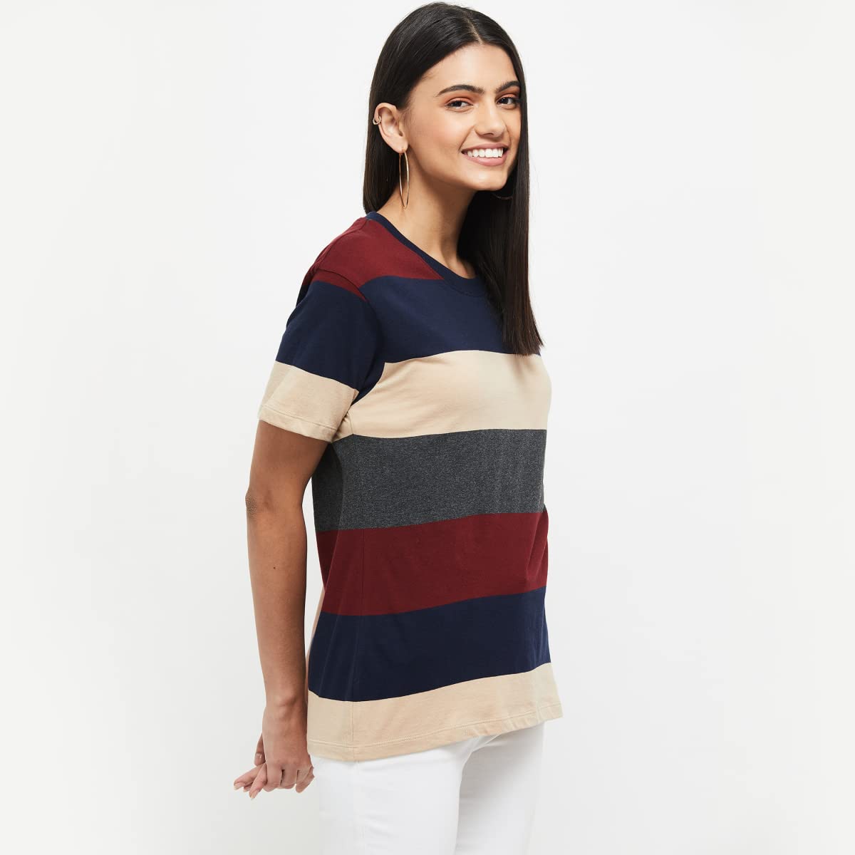 Max Women's Cotton Regular Fit Striped Round Neck T-Shirt