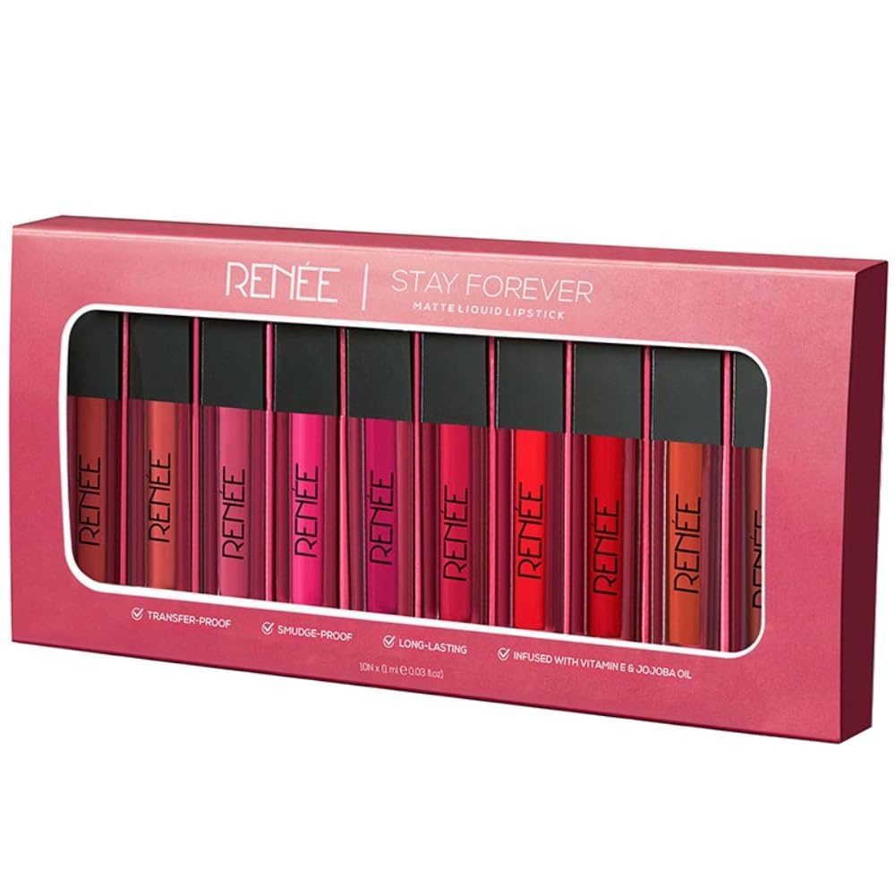 RENEE Stay Forever Matte Liquid Lipstick Combo | Transfer & Smudge-Proof | Long Lasting | Infused with Vitamin E & Jojoba Oil | Perfect for Gifting, Wedding & Special Occasions | Travel Pack of 10