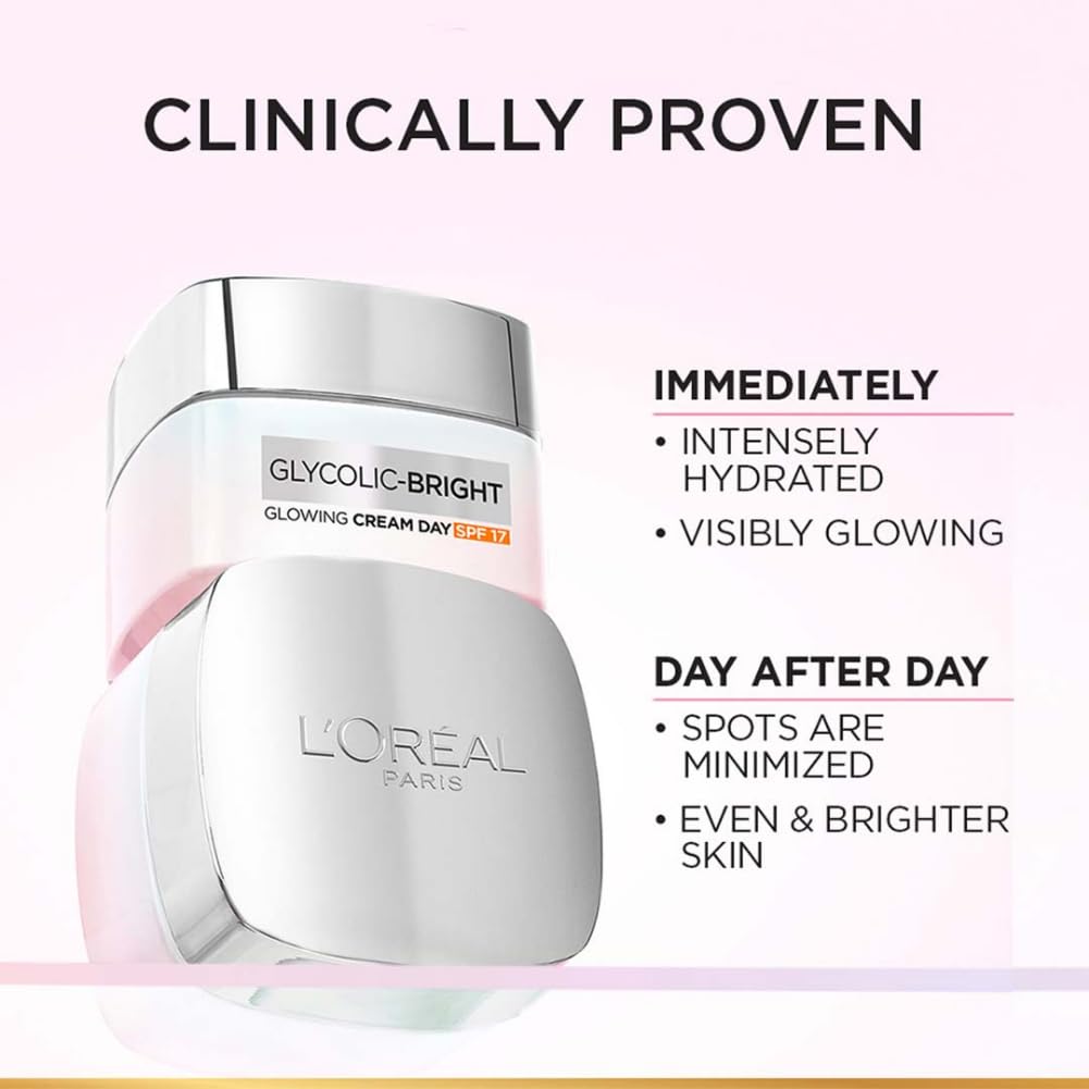 L'Oreal Paris Glycolic Bright Glowing Day Cream, Overnight Brightening Cream, Glycolic Acid in Gel-Like Cream Texture, that Visbily Minimizes Spots & Reveals Glowing skin, 15ml