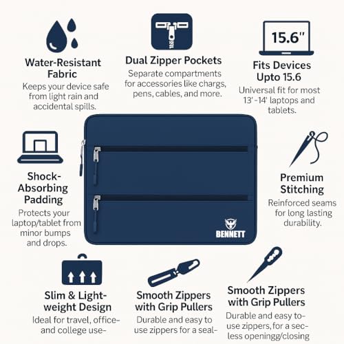 Bennett Drax Water Resistant Laptop Sleeve for 14 inches laptops Case Cover Pouch 14-14.3 inch with Oxford Fabric Dell/Lenovo/ASUS/Hp/LOQ/MacBook/thinkpad/ideapad/magicbook/Legion/vivobook (Blue)