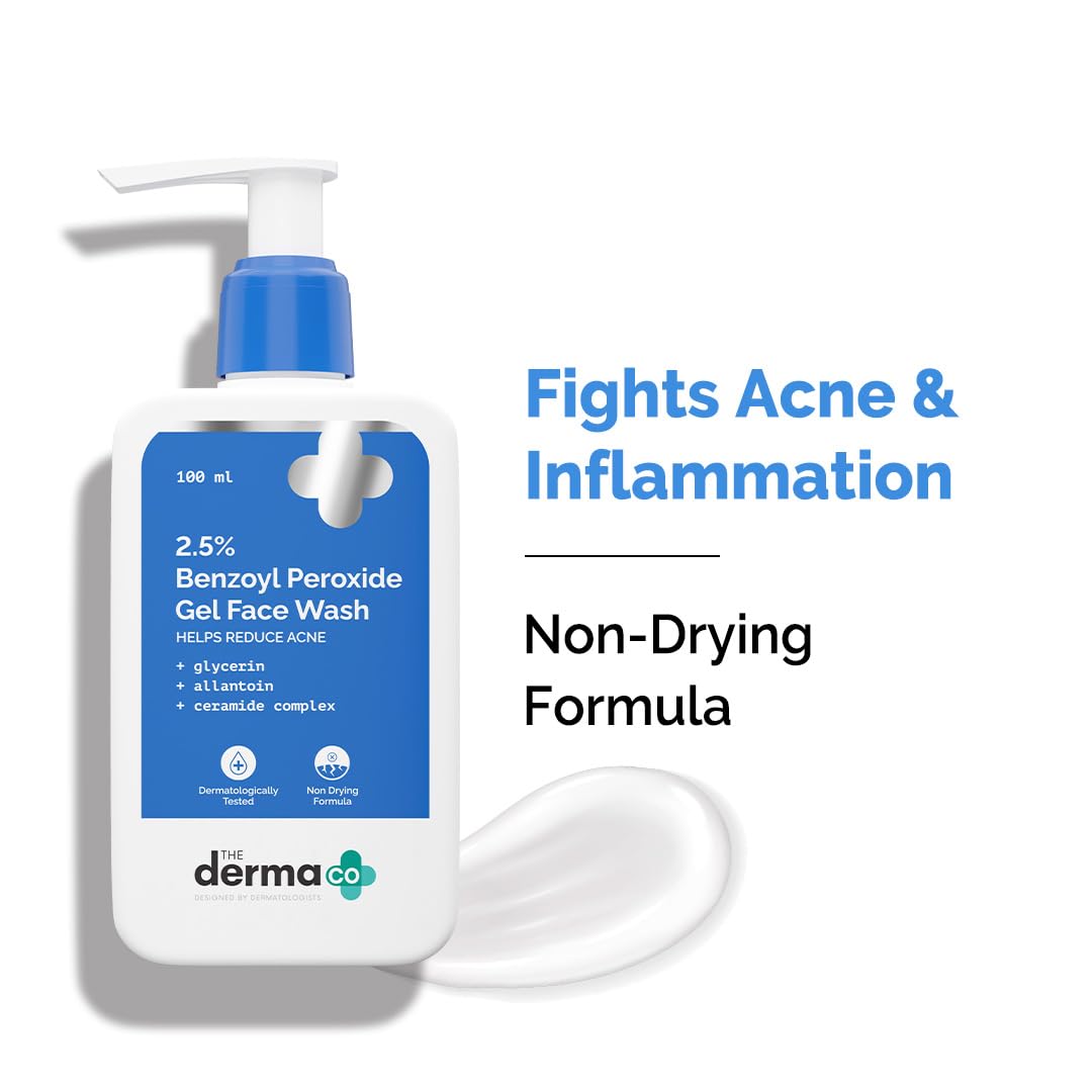 The Derma Co. 2.5% Benzoyl Peroxide Gel Face Wash | With Ceramide Complex & Glycerin | For Active Acne | Kills 99.9% of Acne Bacteria | Non-Drying | For Oily & Acne Prone Skin | Unisex | 100 ml