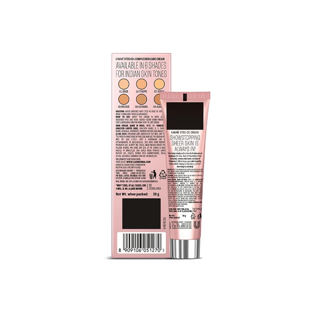 Lakme 9 to 5 CC Cream Beige with 3% Niacinamide Complex SPF30 PA++ | 90% lightweight moisturizing cream for Care & 10% Foundation for Care | Conceals Dark Spots| Brightens Skin |30 g