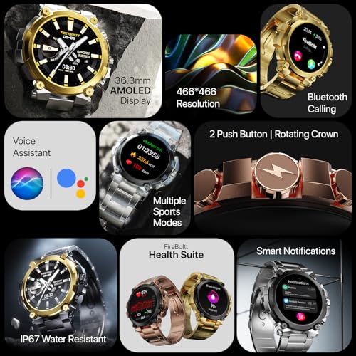 Fire-Boltt Dominian 36.3mm (1.43 inch) AMOLED Display, Stainless Steel Design, 466 * 466 px Resolution, Bluetooth Calling, Sports Modes, Health Mode, IP67, Weather (Black Silver)