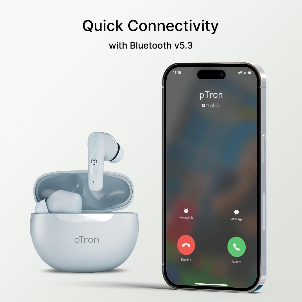 pTron Bassbuds Astra in-Ear TWS Earbuds w/Stereo Sound, 50Hrs Playtime, Stereo Calls, Custom EQ, Mobile App, BTv5.3 Headphones, Touch Control, Voice Assistant, Type C Charging & IPX4 (Grey)