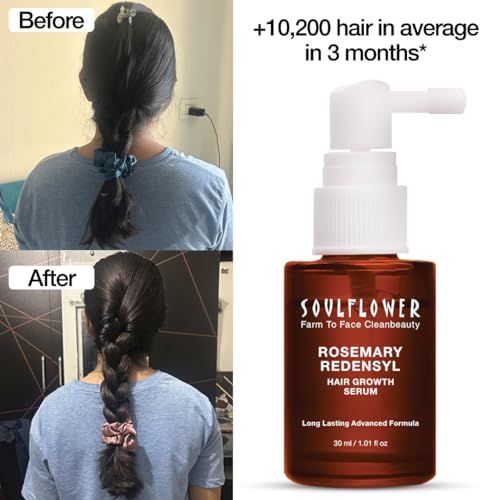 Soulflower Hair Growth Serum, Rosemary Oil, 3% Redensyl, 4% Anagain, Caffeine, Melanogray, Biotin, Rice Water, Clinically Tested, Hair growth & Hair fall control for Women & Men | 30ml