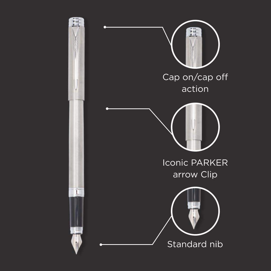 Parker Folio Stainless Steel Chrome Trim Fountain Pen With 1 Ink Cartridge Free | Corporate Gift | Ideal For Professional Use
