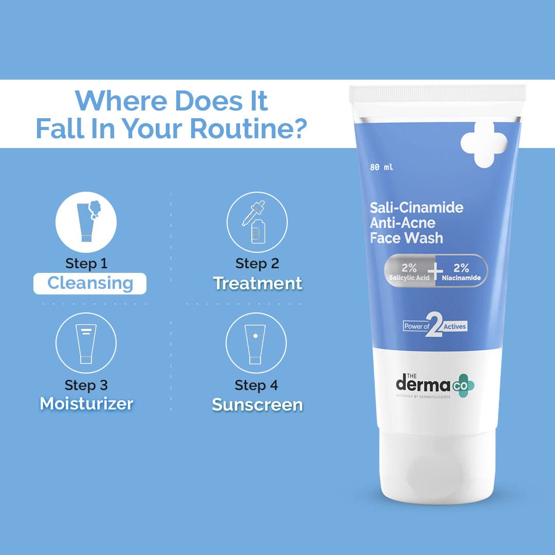 The Derma Co Sali-Cinamide Anti-Acne Face Wash | With 2% Salicylic Acid & 2% Niacinamide I Treats Active Acne & Fades Acne Marks I For Oily & Combination Skin I Power of 2 Actives | 80 ml