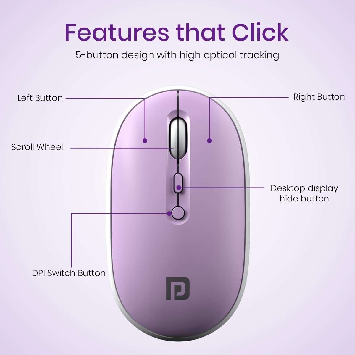 Portronics Toad II Bluetooth Mouse, with Bluetooth 5.0 & 2.4 Ghz Dual Wireless Connectivity, Rechargeable Battery, Adjustable DPI up to 1600 Compatible with Laptop, MacBook, PC (Purple)