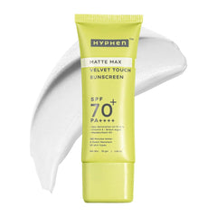 Hyphen Matte Max Velvet Touch Sunscreen Spf 70+ Pa++++|Sun Protection|Sun Shield|Moisturizes And Soothes Skin|12 Hrs Uva-Uvb Protection|Sunscreen Spf No White Cast, Combination & All Skin Types-30G